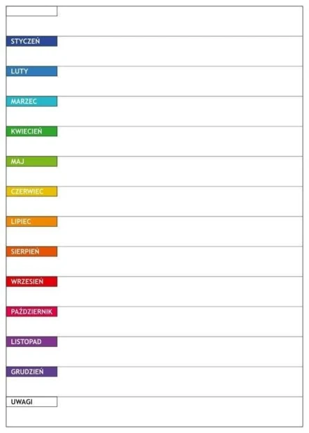 Magnetyczna tablica suchościeralna lean 042 planer roczny - Wzór graficzny. Prosty układ z nazwami miesięcy w kolorowych