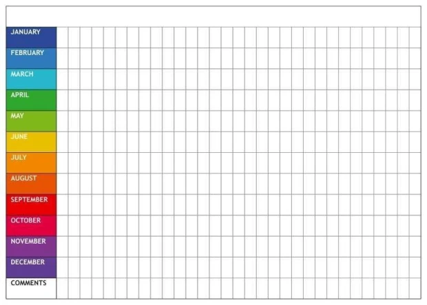 Magnetyczna tablica suchościeralna lean 049 planer roczny angielski - Wzór graficzny. Siatka z 12 prostokątnymi polami