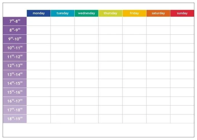 Magnetyczna tablica suchościeralna lean 055 planer tygodniowy angielski z godzinami - Wzór graficzny. Prosty układ z dniami