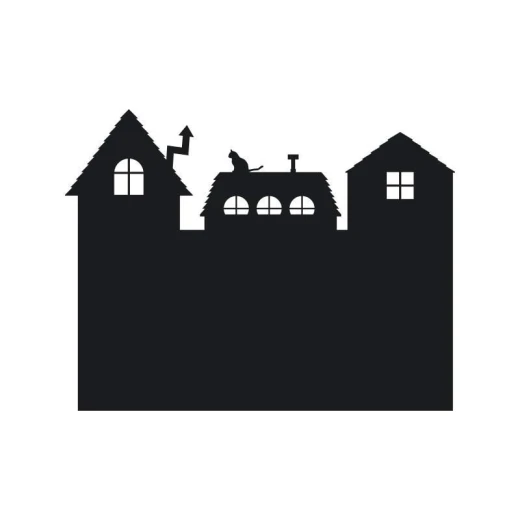 Naklejka kredowa w kształcie domków z wyciętymi oknami i kotem na dachu, pokazana na białym tle