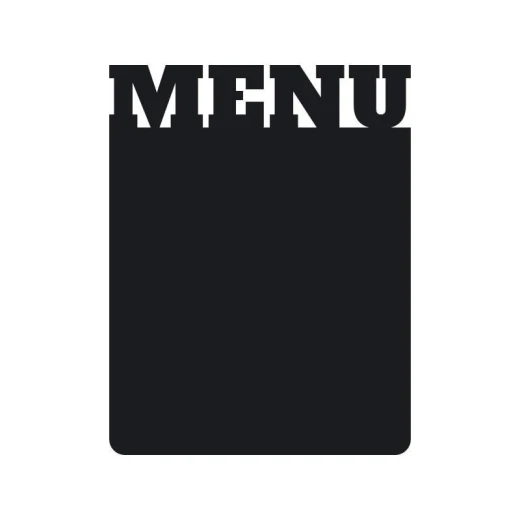 Naklejka kredowa w kształcie prostokąta z wyciętym u góry napisem MENU, zaprezentowana na białym tle