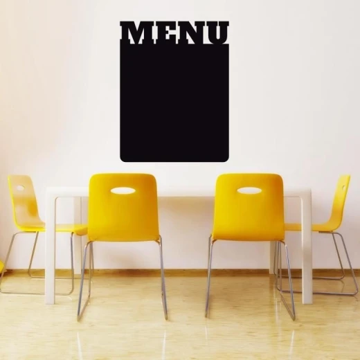 Naklejka kredowa w kształcie prostokąta z wyciętym napisem MENU, naklejona na ścianę we wnętrzu