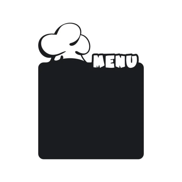 Naklejka kredowa w kształcie menu z czapką kucharską i wyciętym napisem MENU na białym tle