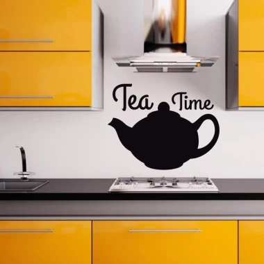 Naklejka kredowa tea time 211 - Aranżacja w kuchni. Ściany w kolorze żółtym, nowoczesne meble i czarny blat