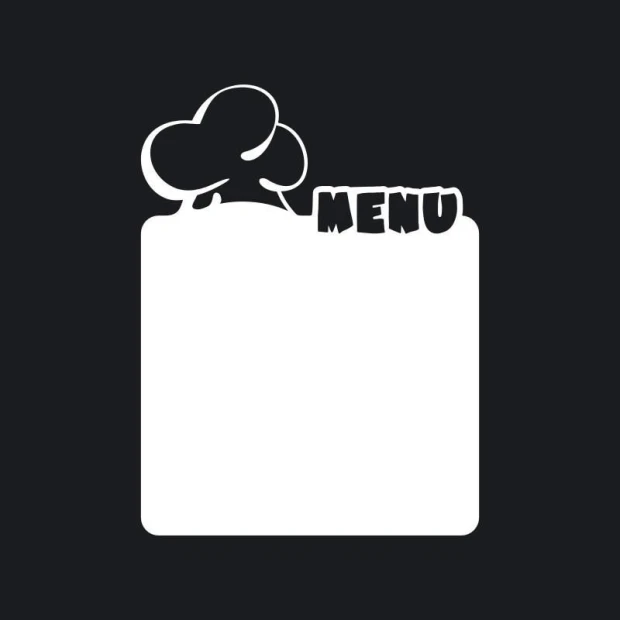 Tablica suchościeralna w kształcie czapki kucharskiej z napisem MENU na czarnym tle