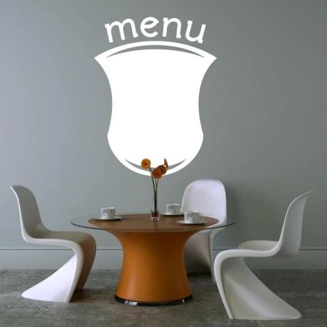 Tablica suchościeralna menu 203 - Aranżacja w jadalni. Ściany w odcieniu szarości, stół okrągły z pomarańczowym podstawą