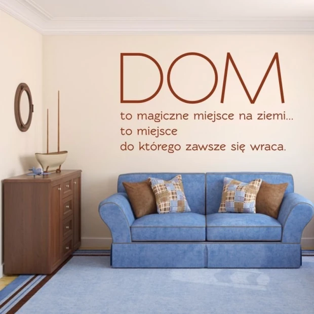 Naklejka dom to magiczne miejsce 1943 - Aranżacja w salonie. Ściany w jasnym kolorze, niebieska kanapa i drewniana komoda