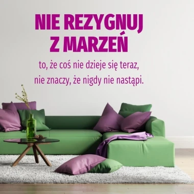 Naklejka nie rezygnuj z marzeń 1959 - Aranżacja w salonie. Ściany w jasnym kolorze, kanapa w zielonym, poduszki fioletowe