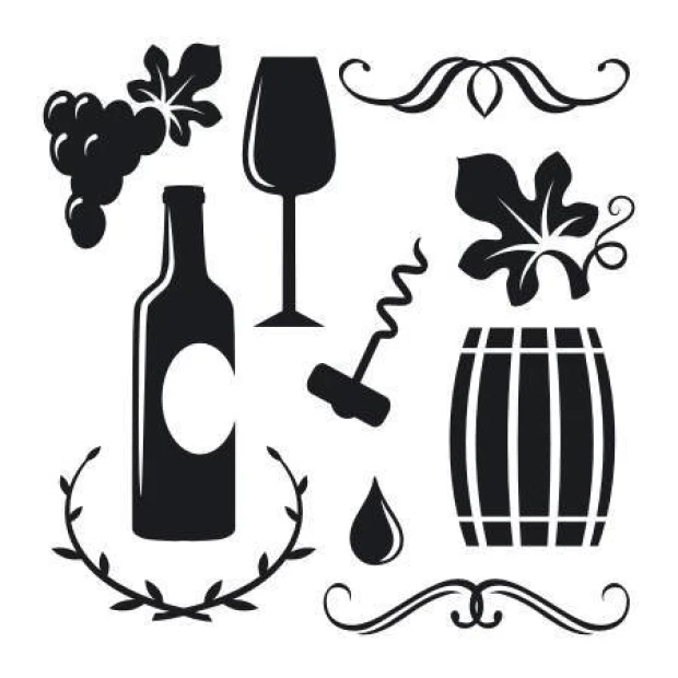 Naklejki wino zestaw 1890 - Wzór graficzny. Grafika przedstawia butelkę wina, kieliszek, winogrona, beczkę oraz liście