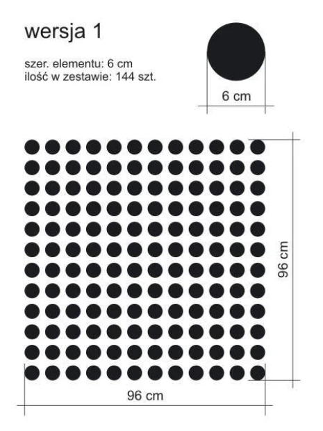 Naklejki kropki zestaw 1998 - Wzór graficzny. Czarne okręgi o średnicy 6 cm ułożone w regularny wzór na białym tle
