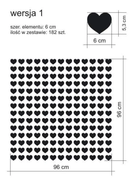 Naklejki serca zestaw 1982 - Wzór graficzny. Czarny wzór serc o wymiarach 6 cm, ułożony w regularny siatkę