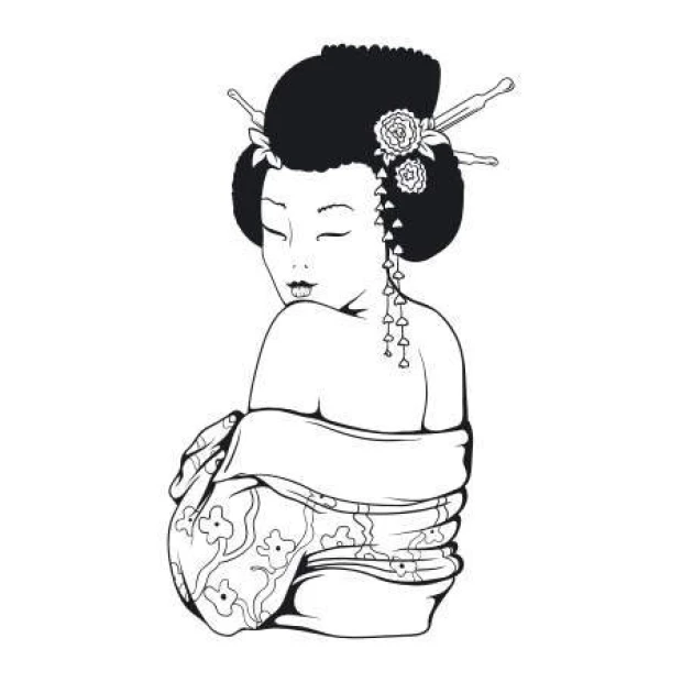 Naklejka ścienna geisha 2057 - Wzór graficzny. Postać gejszy z warkoczem, w kimono z kwiatowym wzorem