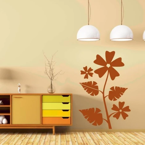 Naklejka dekoracyjna kwiatek 2111 - Aranżacja w salonie. Ściany w jasnym kolorze, meble w odcieniach brązu i żółci