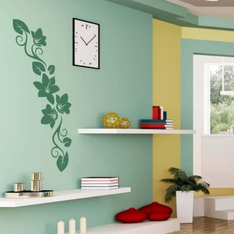 Naklejka dekoracyjna liście 2117 - Aranżacja w salonie. Ściany w kolorze zielonym i żółtym, minimalistyczne meble