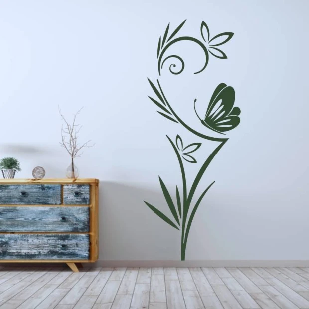 Naklejka na ścianę kwiaty i motyl 2089 - Aranżacja w pokoju. Ściany w jasnym kolorze, drewniane meble w stylu skandynawskim