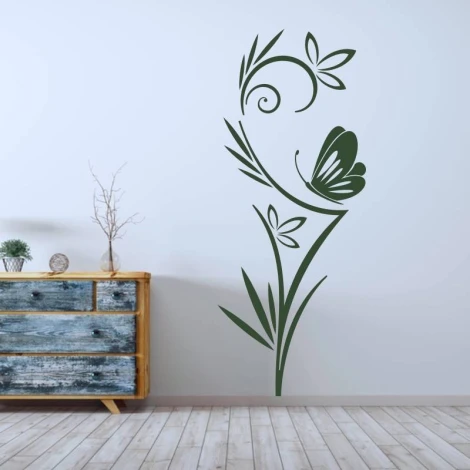 Naklejka na ścianę kwiaty i motyl 2089 - Aranżacja w pokoju. Ściany w jasnym kolorze, drewniane meble w stylu skandynawskim