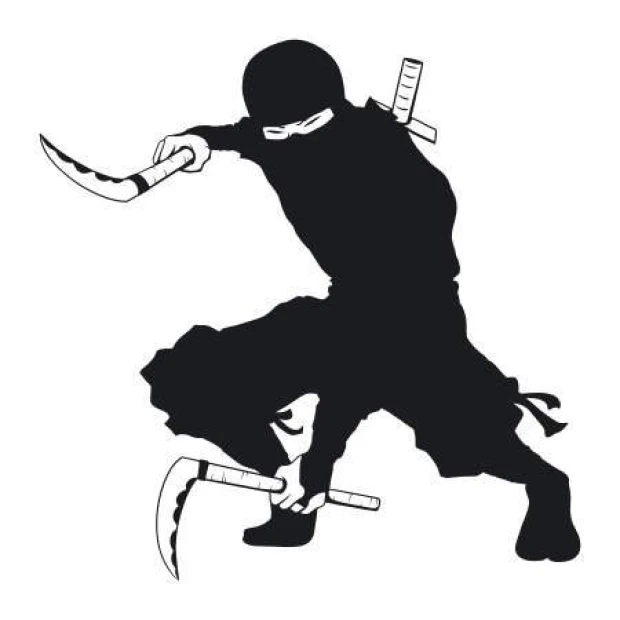 Wizualizacja naklejki na ścianę przedstawiającej wojownika ninja z sierpami, w przykładowym czarnym kolorze