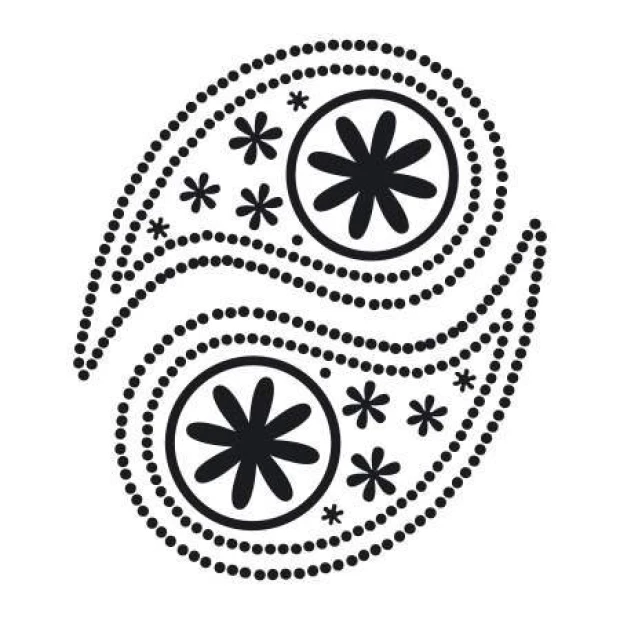 Naklejka na ścianę ornament 2104 - Wzór graficzny. Dwa okręgi z kwiatami otoczone falistymi liniami i małymi gwiazdkami
