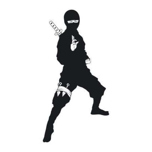 Naklejka na ścianę wojownik ninja 2099 - Wzór graficzny. Postać ninjy w czerni z białymi detalami, w dynamicznej pozie