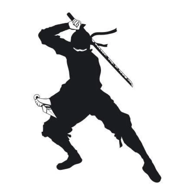Naklejka na ścianę wojownik ninja 2101 - Wzór graficzny. Postać ninja w dynamicznej pozycji z mieczem, w kolorze czarnym