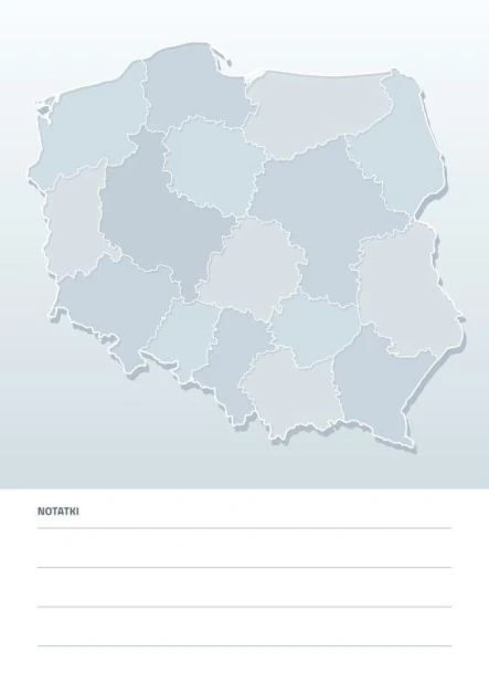 Tablica suchościeralna z nadrukiem mapy administracyjnej Polski i miejscem na notatki na białym tle