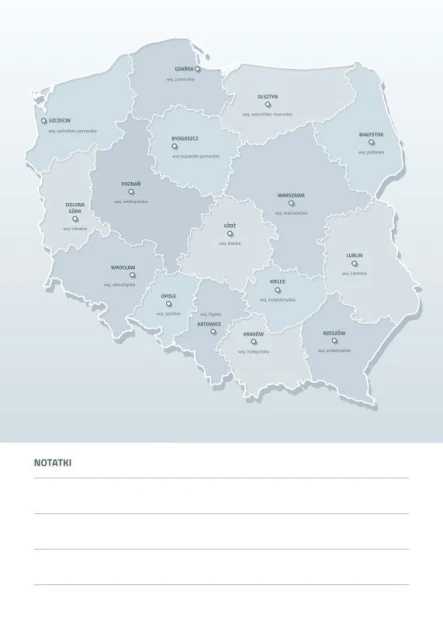 Tablica suchościeralna z nadrukiem mapy administracyjnej Polski i miejscem na notatki na jasnym tle