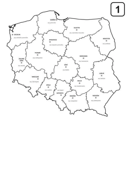 Tablica suchościeralna z nadrukiem czarno-białego konturu mapy administracyjnej Polski na białym tle