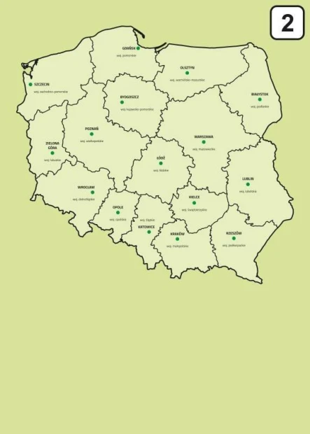 Tablica suchościeralna z nadrukiem mapy administracyjnej Polski w odcieniach zieleni na białym tle