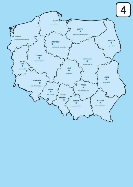 Tablica suchościeralna z nadrukiem mapy administracyjnej Polski w odcieniach błękitu na białym tle