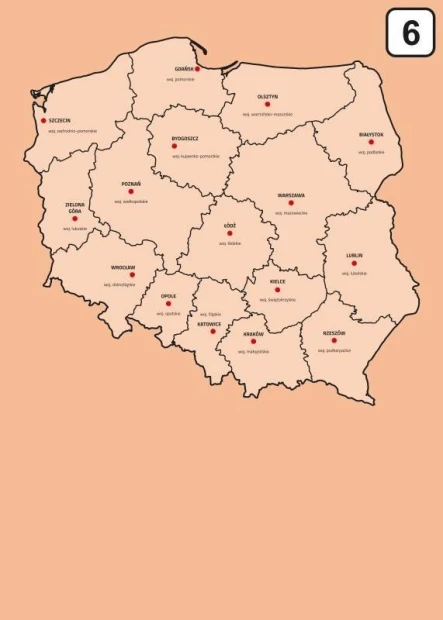 Tablica suchościeralna z nadrukiem mapy administracyjnej Polski w odcieniach beżu na łososiowym tle