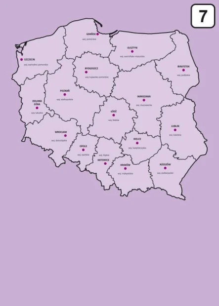 Tablica suchościeralna z nadrukiem mapy administracyjnej Polski w odcieniach fioletu na fioletowym tle