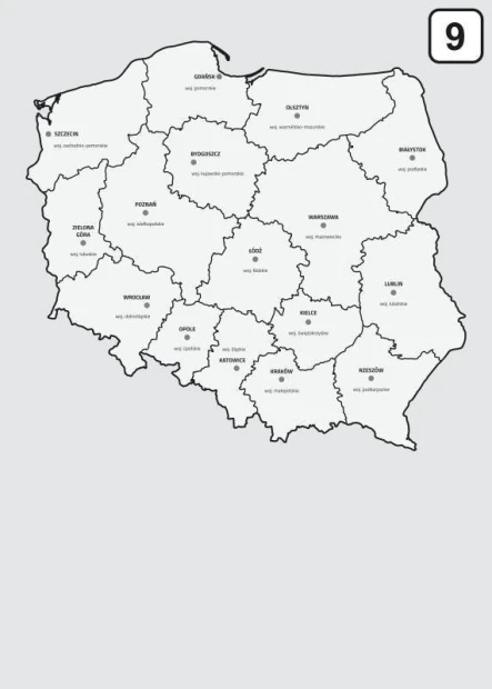 Tablica suchościeralna z nadrukiem mapy administracyjnej Polski w odcieniach szarości na szarym tle
