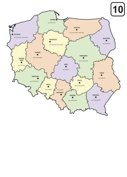 Tablica suchościeralna z nadrukiem kolorowej mapy administracyjnej Polski na białym tle