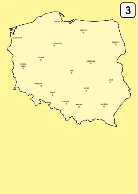 Tablica suchościeralna mapa Polski 239 - Wzór graficzny. Mapa Polski z nazwami miast na żółtym tle