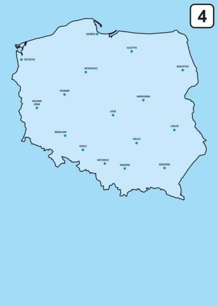 Tablica suchościeralna mapa Polski 239 - Wzór graficzny. Mapa Polski w konturze z nazwami miast na niebieskim tle