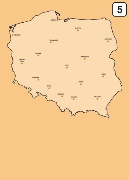 Tablica suchościeralna mapa Polski 239 - Wzór graficzny. Kontur Polski z nazwami miast na pomarańczowym tle