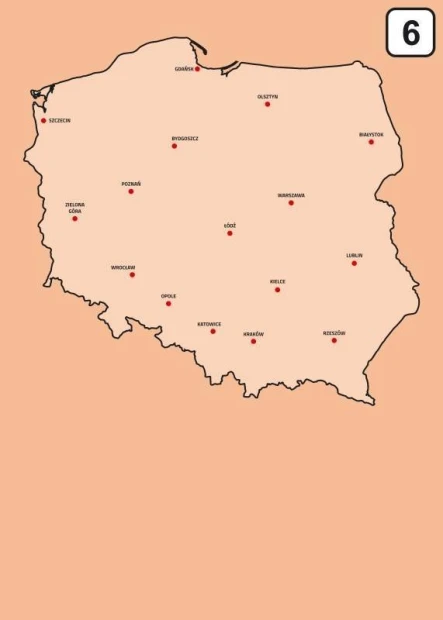 Tablica suchościeralna mapa Polski 239 - Wzór graficzny. Kontur Polski z nazwami miast w punktach. Tło w kolorze