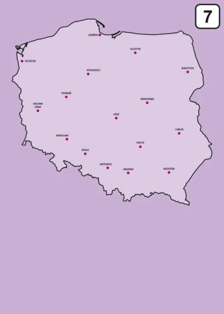 Tablica suchościeralna mapa Polski 239 - Wzór graficzny. Mapa Polski z miastami oznaczonymi punktami. Kolor tła fioletowy