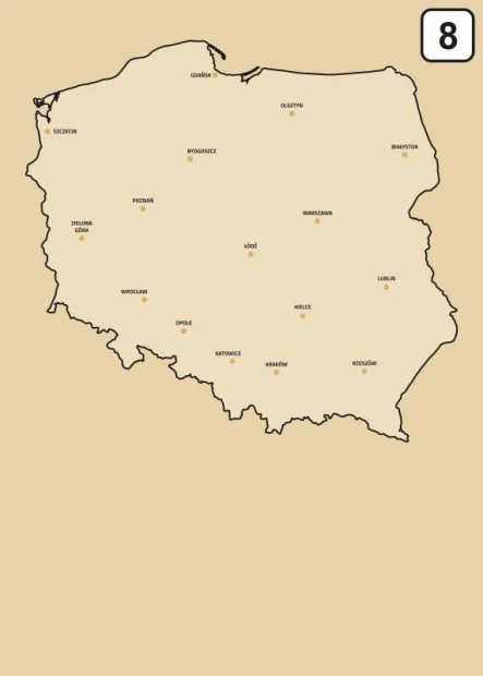 Tablica suchościeralna mapa Polski 239 - Wzór graficzny. Mapa Polski z nazwami miast na jasnym tle