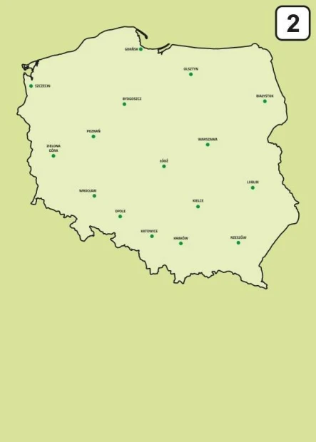 Magnetyczna tablica suchościeralna mapa Polski 239 - Wzór graficzny. Mapa Polski z zaznaczonymi miastami w zielonych