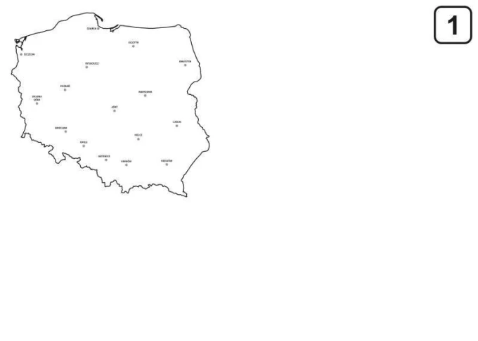 Tablica suchościeralna mapa Polski 241 - Wzór graficzny. Kontur mapy Polski z nazwami miast na białym tle