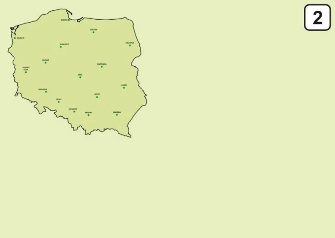 Tablica suchościeralna mapa Polski 241 - Wzór graficzny. Mapa Polski z zaznaczonymi miastami w zielonych punktach
