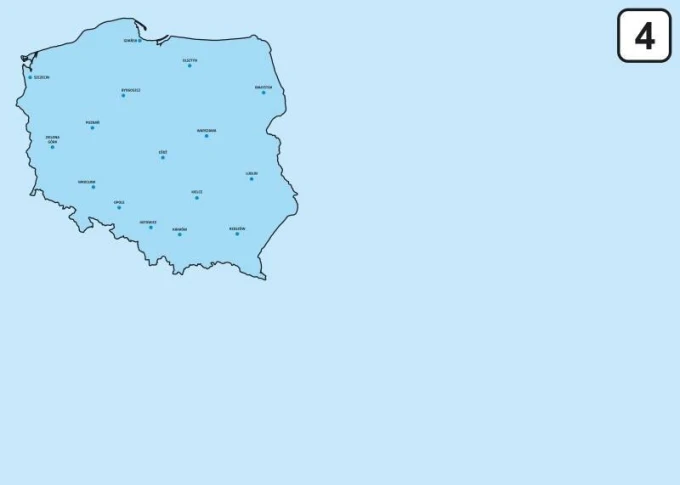 Tablica suchościeralna mapa Polski 241 - Wzór graficzny. Mapa Polski w jasnoniebieskim tle z nazwami miast