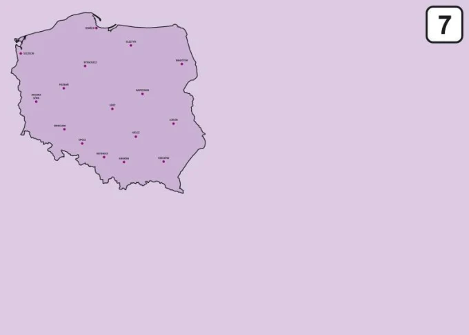 Tablica suchościeralna mapa Polski 241 - Wzór graficzny. Mapa Polski w konturze z oznaczeniami miejscowości. Tło w jasnym