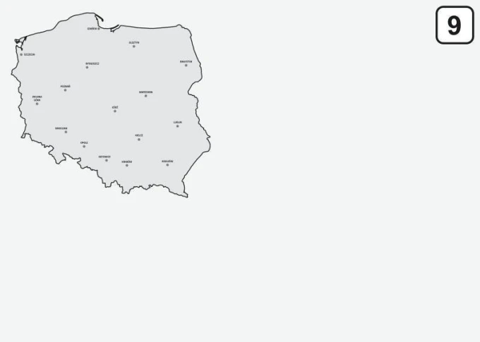 Tablica suchościeralna mapa Polski 241 - Wzór graficzny. Kontur Polski z nazwami miast na szarym tle
