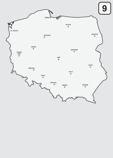 Tablica suchościeralna mapa Polski 239 - Wzór graficzny. Mapa Polski z miastami w formie konturów na białym tle