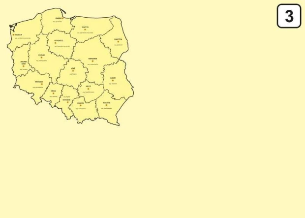 Tablica suchościeralna z nadrukiem mapy administracyjnej Polski w lewym górnym rogu na jednolitym tle