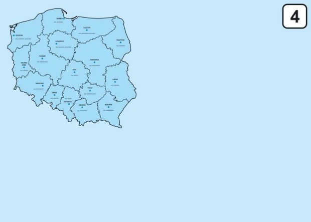 Tablica suchościeralna z nadrukiem mapy administracyjnej Polski na błękitnym tle