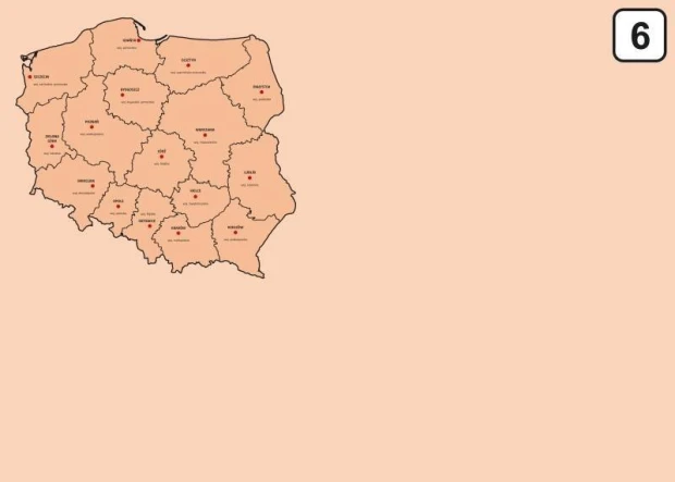 Tablica suchościeralna z nadrukiem mapy administracyjnej Polski w lewym górnym rogu na brzoskwiniowym tle