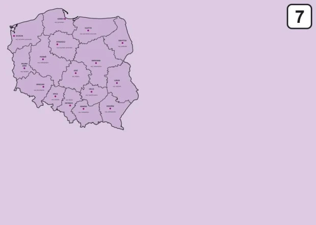 Tablica suchościeralna z nadrukiem mapy administracyjnej Polski w lewym górnym rogu na fioletowym tle